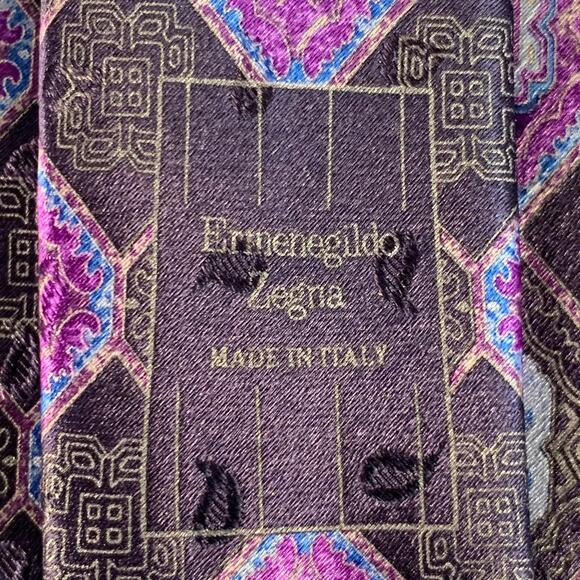 ERMENEGILDO ZEGNA Purple Navy Abstract Floral Silk Tie - Picture 5 of 6
